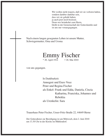 Todesanzeige von Emmy Fischer von WESTFÄLISCHER ANZEIGER