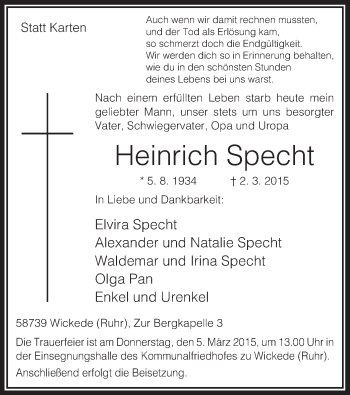 Todesanzeige von Heinrich Specht von MZV