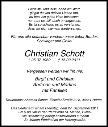 Todesanzeige von Christian Schott von WESTFÄLISCHER ANZEIGER