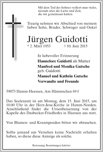 Todesanzeige von Jürgen Guidotti von MZV