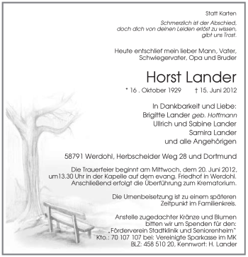 Todesanzeige von Horst Lander von WESTFÄLISCHER ANZEIGER