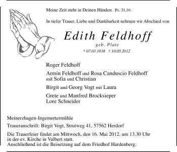 Todesanzeige von Edith Feldhoff von WESTFÄLISCHER ANZEIGER