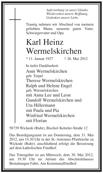 Todesanzeige von Heinz Wermelskirchen von WESTFÄLISCHER ANZEIGER