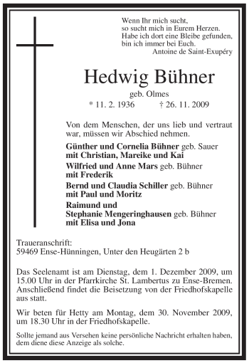 Todesanzeige von Hedwig Bühner von WESTFÄLISCHER ANZEIGER