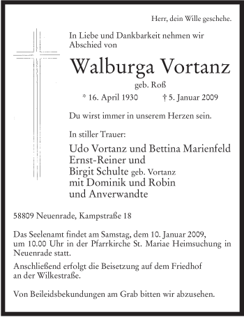 Todesanzeige von Walburga Vortanz von WESTFÄLISCHER ANZEIGER