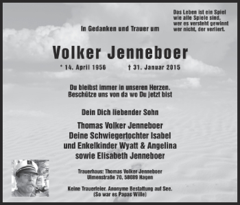 Todesanzeige von Volker Jenneboer von Westfälischer Anzeiger
