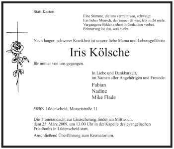 Todesanzeige von Iris Kölsche von WESTFÄLISCHER ANZEIGER