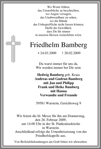 Todesanzeige von Friedhelm Bamberg von WESTFÄLISCHER ANZEIGER