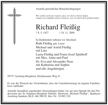 Todesanzeige von Richard Fleißig von WESTFÄLISCHER ANZEIGER