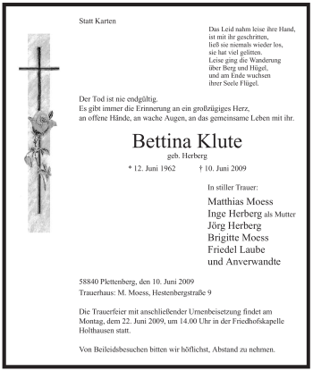 Todesanzeige von Bettina Klute von WESTFÄLISCHER ANZEIGER