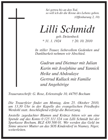 Todesanzeige von Lilli Schmidt von WESTFÄLISCHER ANZEIGER