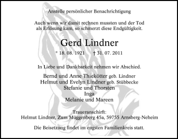 Todesanzeige von Gerd Lindner von WESTFÄLISCHER ANZEIGER