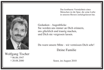 Todesanzeige von Wolfgang Tischer von WESTFÄLISCHER ANZEIGER