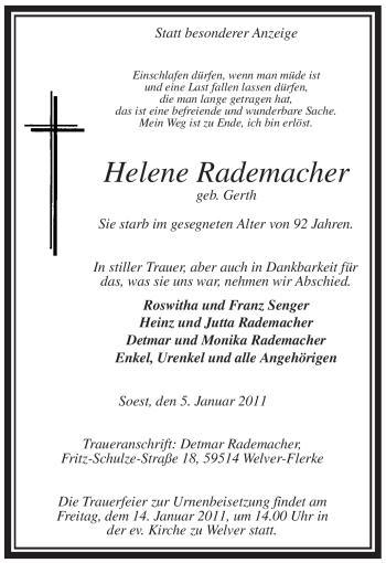 Todesanzeige von Helene Rademacher von WESTFÄLISCHER ANZEIGER