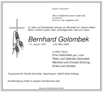 Todesanzeige von Bernhard Golombek von WESTFÄLISCHER ANZEIGER