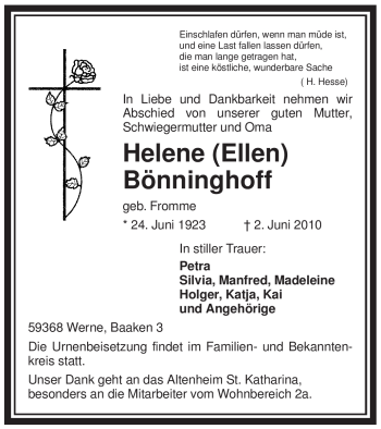 Todesanzeige von Helene Bönninghoff von WESTFÄLISCHER ANZEIGER