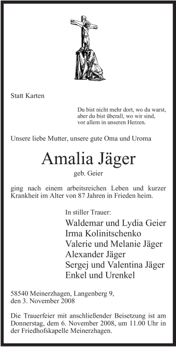 Todesanzeige von Amalia Jäger von WESTFÄLISCHER ANZEIGER