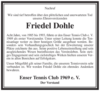 Todesanzeige von Friedel Dohle von WESTFÄLISCHER ANZEIGER