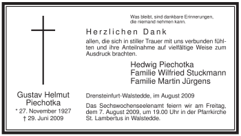 Todesanzeige von Gustav Helmut Piechotka von WESTFÄLISCHER ANZEIGER