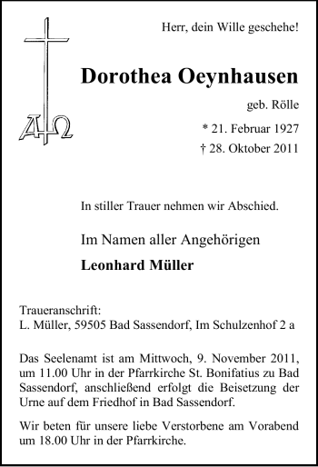 Todesanzeige von Dorothea Oeynhausen von WESTFÄLISCHER ANZEIGER
