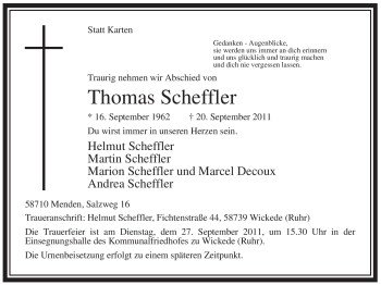 Todesanzeige von Thomas Scheffler von WESTFÄLISCHER ANZEIGER