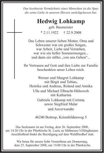 Todesanzeige von Hedwig Lohkamp von WESTFÄLISCHER ANZEIGER