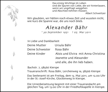 Todesanzeige von Alexander Bähr von WESTFÄLISCHER ANZEIGER
