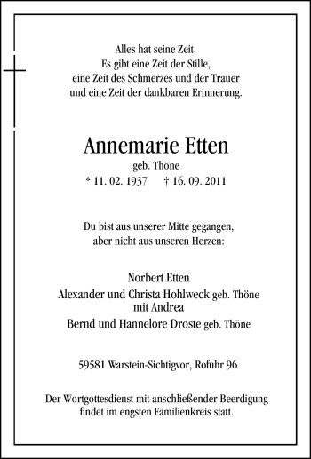 Todesanzeige von Annemarie Etten von WESTFÄLISCHER ANZEIGER