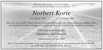 Todesanzeige von Norbert Korte von WESTFÄLISCHER ANZEIGER