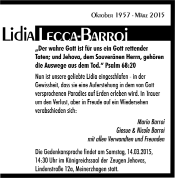 Todesanzeige von Lidia Lecca-Barroi von MZV