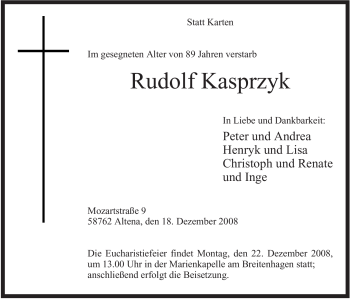Todesanzeige von Rudolf Kasprzyk von WESTFÄLISCHER ANZEIGER