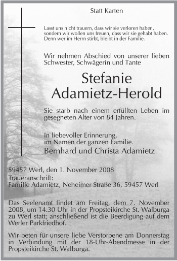 Todesanzeige von Stefanie Adamietz-Herold von WESTFÄLISCHER ANZEIGER