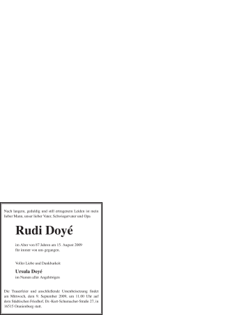Todesanzeige von Rudi Doyé von WESTFÄLISCHER ANZEIGER