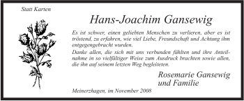 Todesanzeige von Hans-Joachim Gansewig von WESTFÄLISCHER ANZEIGER
