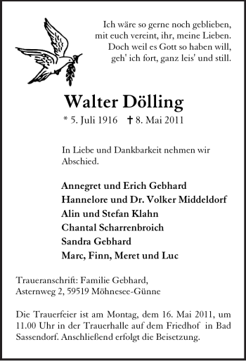 Todesanzeige von Walter Dölling von WESTFÄLISCHER ANZEIGER