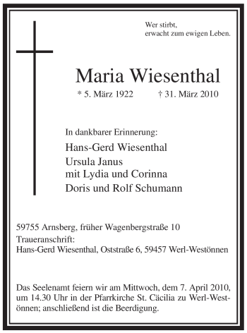 Todesanzeige von Maria Wiesenthal von WESTFÄLISCHER ANZEIGER