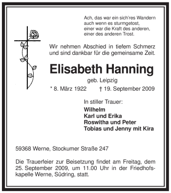 Todesanzeige von Elisabeth Hannig von WESTFÄLISCHER ANZEIGER