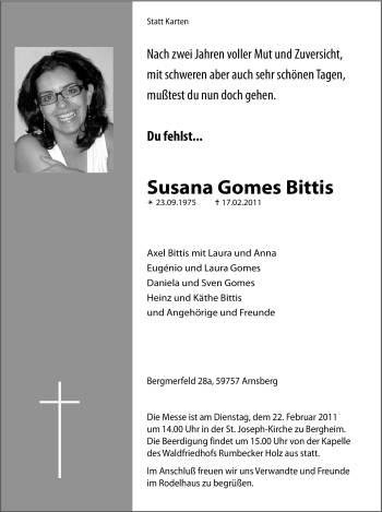 Todesanzeige von Susana Gomes Bittis von WESTFÄLISCHER ANZEIGER