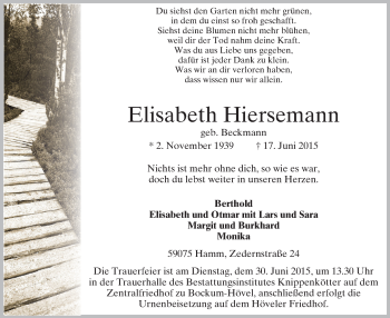 Todesanzeige von Elisabeth Hiersemann von MZV