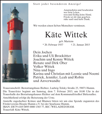 Todesanzeige von Käte Wittek von MZV