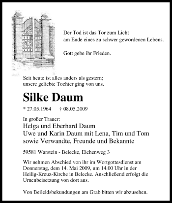 Todesanzeige von Silke Daum von WESTFÄLISCHER ANZEIGER