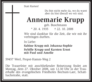 Todesanzeige von Annemarie Krupp von WESTFÄLISCHER ANZEIGER