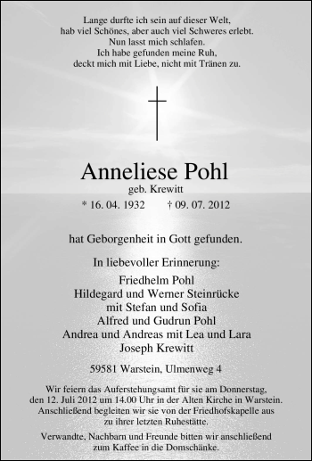 Todesanzeige von Anneliese Pohl von WESTFÄLISCHER ANZEIGER