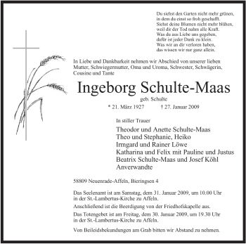 Todesanzeige von Ingeborg Schulte-Maas von WESTFÄLISCHER ANZEIGER