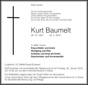 Todesanzeige von Kurt Baumelt von MZV