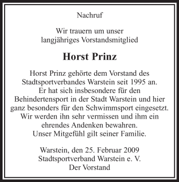 Todesanzeige von Horst Prinz von WESTFÄLISCHER ANZEIGER