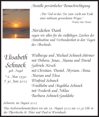 Todesanzeige von Elisabeth Schnock von WESTFÄLISCHER ANZEIGER