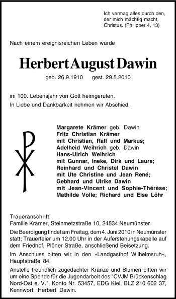 Todesanzeige von Herbert August Dawin von WESTFÄLISCHER ANZEIGER