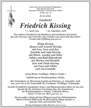 Todesanzeige von Friedrich Kissing von WESTFÄLISCHER ANZEIGER