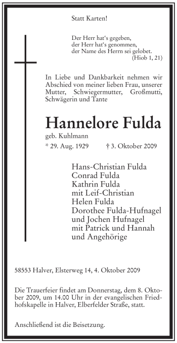 Todesanzeige von Hannelore Fulda von WESTFÄLISCHER ANZEIGER